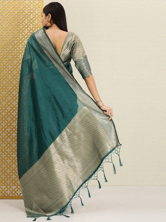 Teal and Gold Zari Woven Ethnic Motifs Organza Saree - Inddus.com