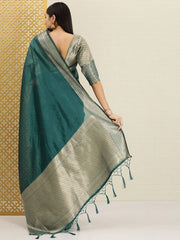 Teal and Gold Zari Woven Ethnic Motifs Organza Saree - Inddus.com