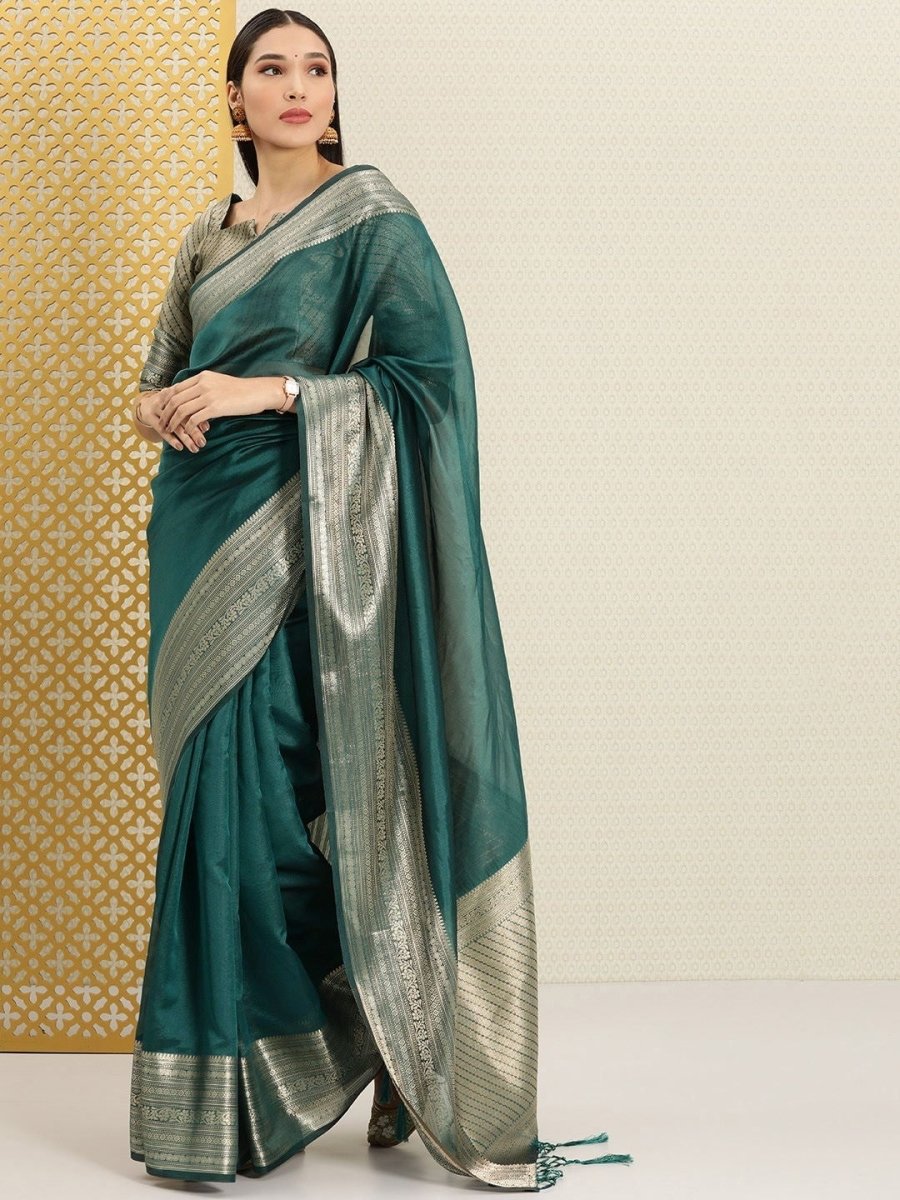 Teal and Gold Zari Woven Ethnic Motifs Organza Saree - Inddus.com