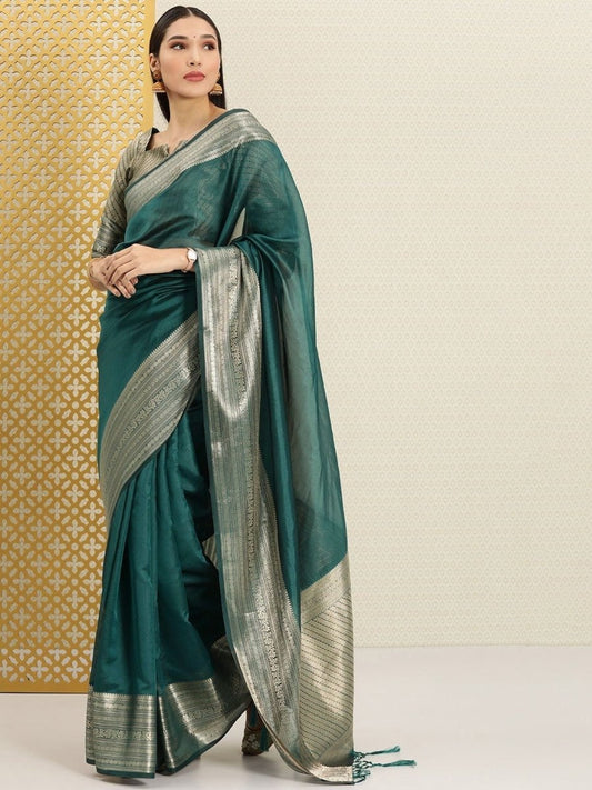 Teal and Gold Zari Woven Ethnic Motifs Organza Saree - Inddus.com