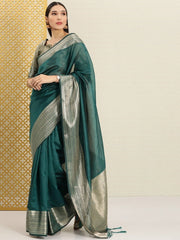 Teal and Gold Zari Woven Ethnic Motifs Organza Saree - Inddus.com