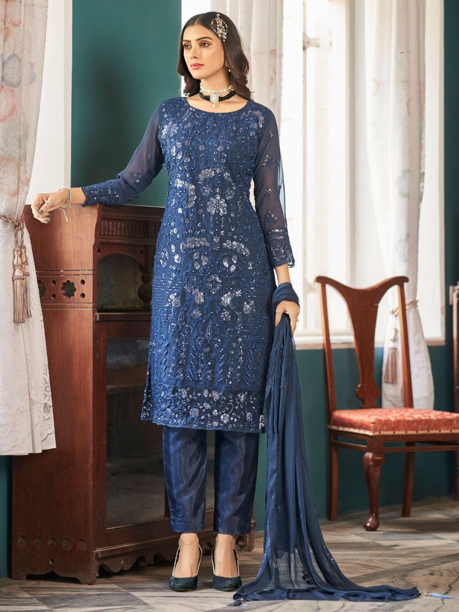 Teal Blue Embroidered Festive-Wear Straight-Cut-Suit - Inddus.com