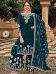 Teal Blue Georgette Embroidered Partywear Palazzo Suit - Inddus.com
