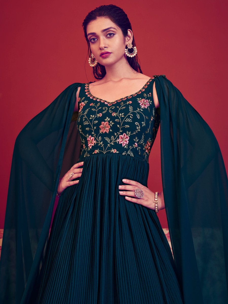 Teal Blue Georgette Partywear Gown - Inddus.com