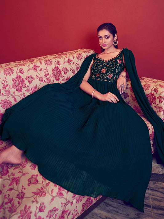 Teal Blue Georgette Partywear Gown - Inddus.com