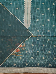 Teal Blue & Gold-Toned Woven Design Organza Unstitched Dress Material - Inddus.com
