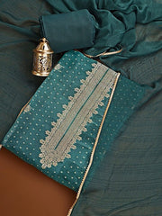Teal Blue & Gold-Toned Woven Design Organza Unstitched Dress Material - Inddus.com