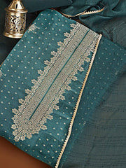 Teal Blue & Gold-Toned Woven Design Organza Unstitched Dress Material - Inddus.com