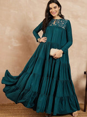 Teal-blue Keyhole Neck Long Sleeves Embroidered Tiered A-Line Ethnic Dress - Inddus.com