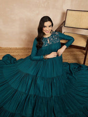Teal-blue Keyhole Neck Long Sleeves Embroidered Tiered A-Line Ethnic Dress - Inddus.com