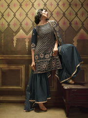 Teal Blue Net Embroidered Partywear Sharara Suit - inddus-us