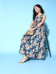 Teal Blue & Off White Floral A-Line Maxi Dress - Inddus.com