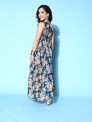Teal Blue & Off White Floral A-Line Maxi Dress - Inddus.com