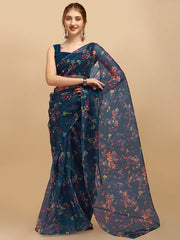 Teal Blue & Orange Floral Organza Saree - Inddus.com