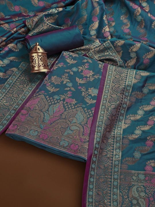Teal Blue & Pink Banarasi Silk Unstitched Dress Material - Inddus.com