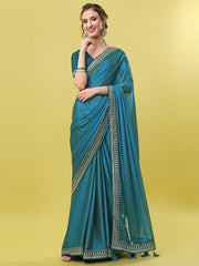 Teal Blue Striped Zari Saree - Inddus.com