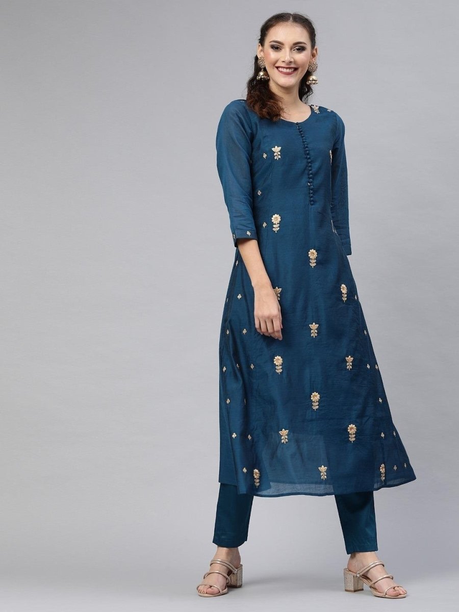 Teal Chanderi Cotton Embroidered Kurta Pant Set - Inddus.com