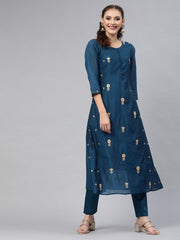 Teal Chanderi Cotton Embroidered Kurta Pant Set - Inddus.com