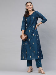 Teal Chanderi Cotton Embroidered Kurta Pant Set - Inddus.com