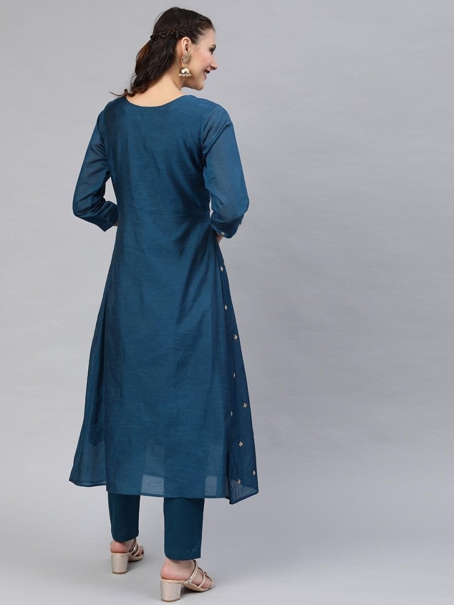 Teal Chanderi Cotton Embroidered Kurta Pant Set - Inddus.com