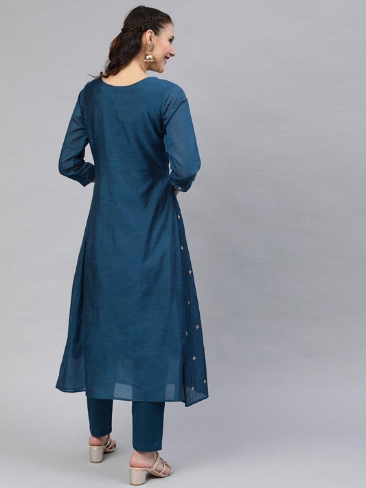 Teal Chanderi Cotton Embroidered Kurta Pant Set - Inddus.com