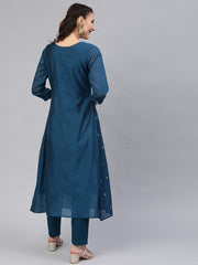 Teal Chanderi Cotton Embroidered Kurta Pant Set - Inddus.com