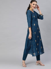 Teal Chanderi Cotton Embroidered Kurta Pant Set - Inddus.com