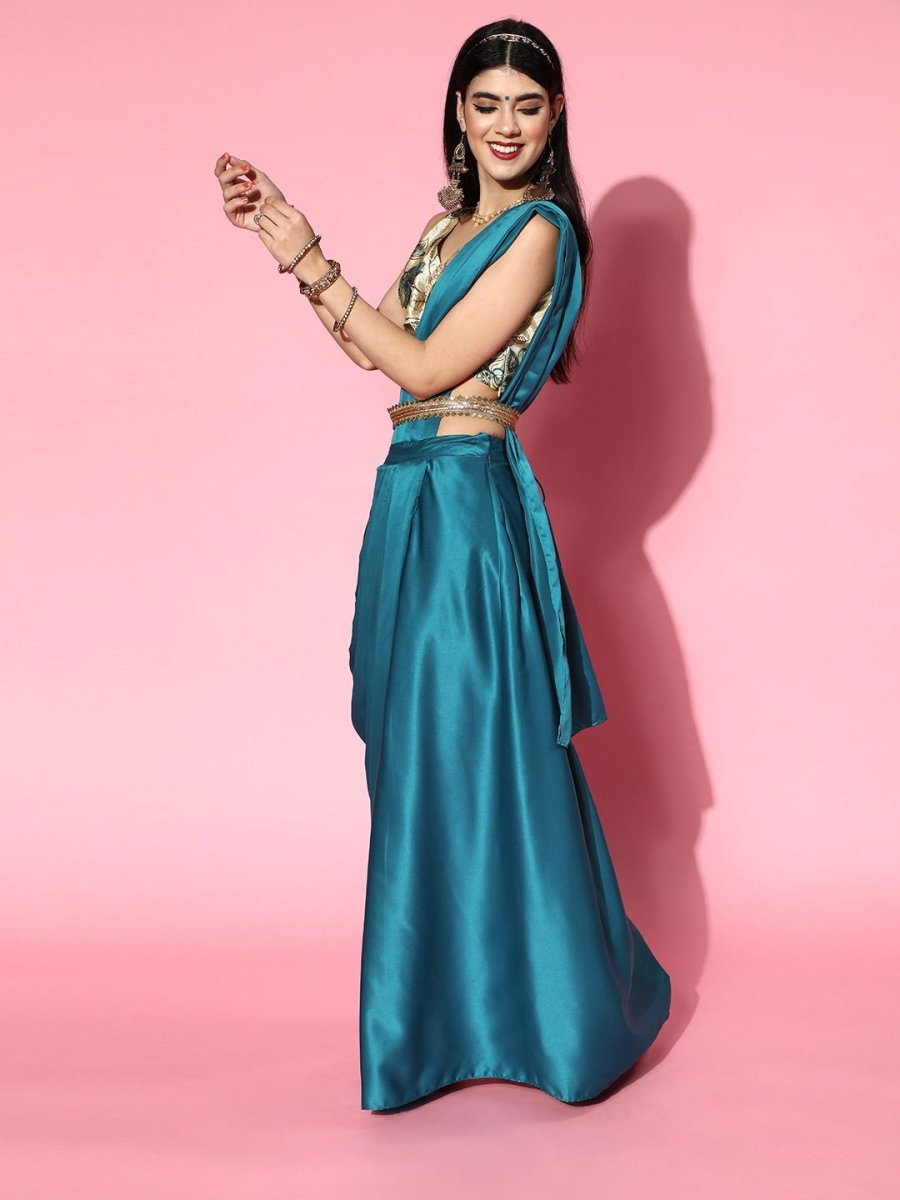 Teal Drapped Saree with Blouse Piece - Inddus.com