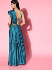Teal Drapped Saree with Blouse Piece - Inddus.com