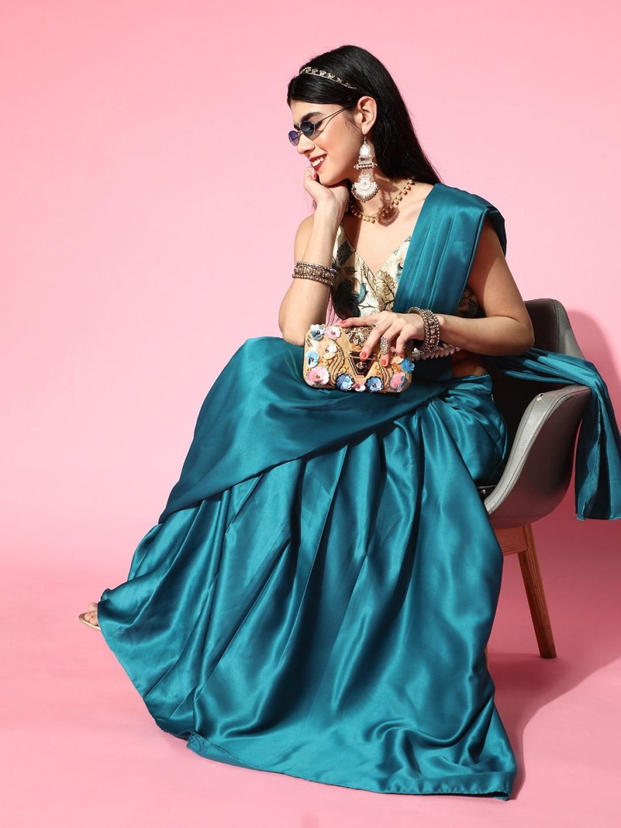 Teal Drapped Saree with Blouse Piece - Inddus.com