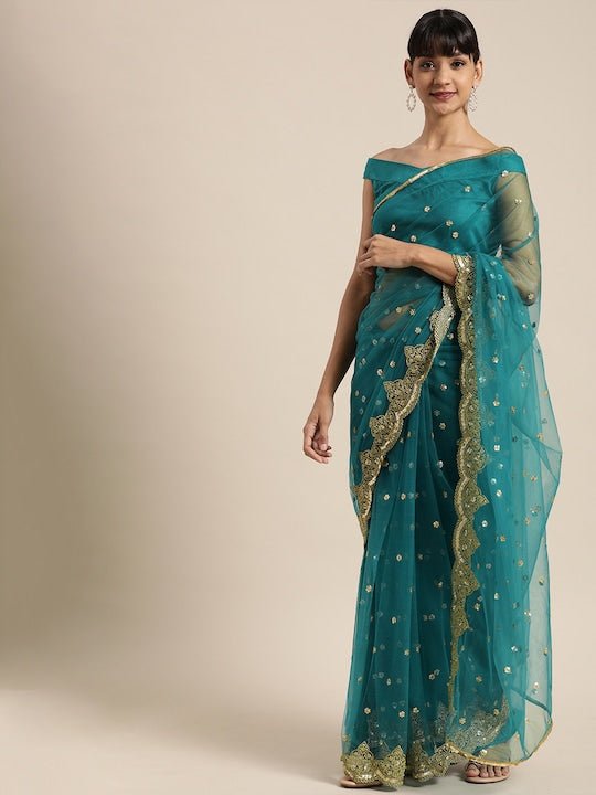Teal Embellished Net Saree - Inddus.com