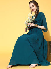 Teal Embroidered Accordian Pleated Gown with Embroidered Belt - inddus-us