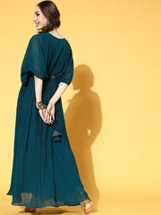 Teal Embroidered Accordian Pleated Gown with Embroidered Belt - inddus-us