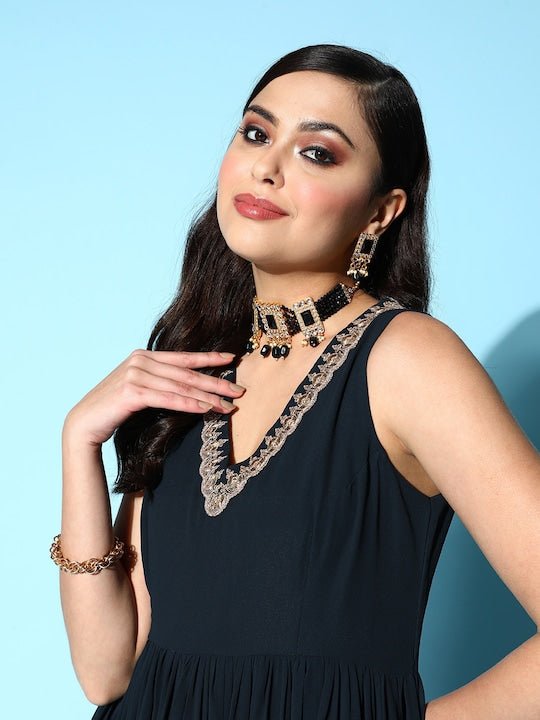 Teal Embroidered Georgette Tiered Gown Dress - Inddus.com