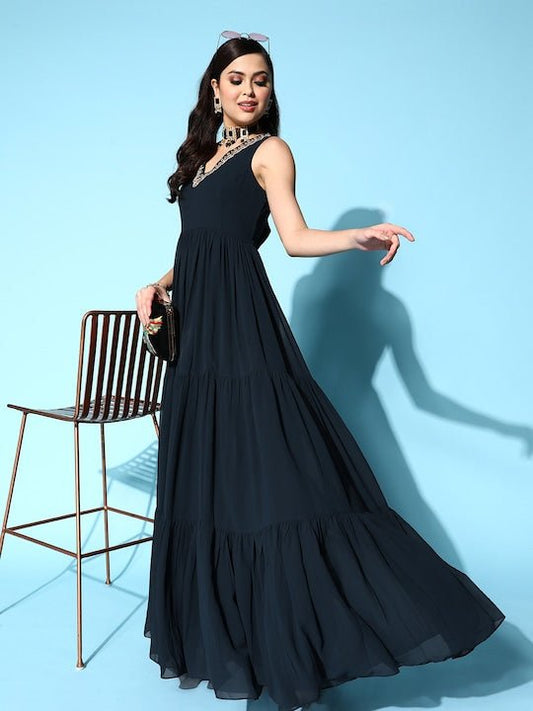 Teal Embroidered Georgette Tiered Gown Dress - Inddus.com