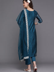 Teal Embroidered Kurta with Pants and Net Dupatta - Inddus.com