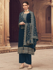 Teal Embroidered Partywear Palazzo-Suit - Inddus.com