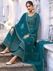Teal Embroidered Partywear Palazzo-Suit - Inddus.com