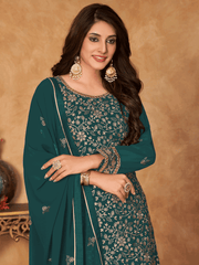 Teal Embroidered Partywear Sharara Style Suit - Inddus.com