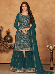 Teal Embroidered Partywear Sharara Style Suit - Inddus.com