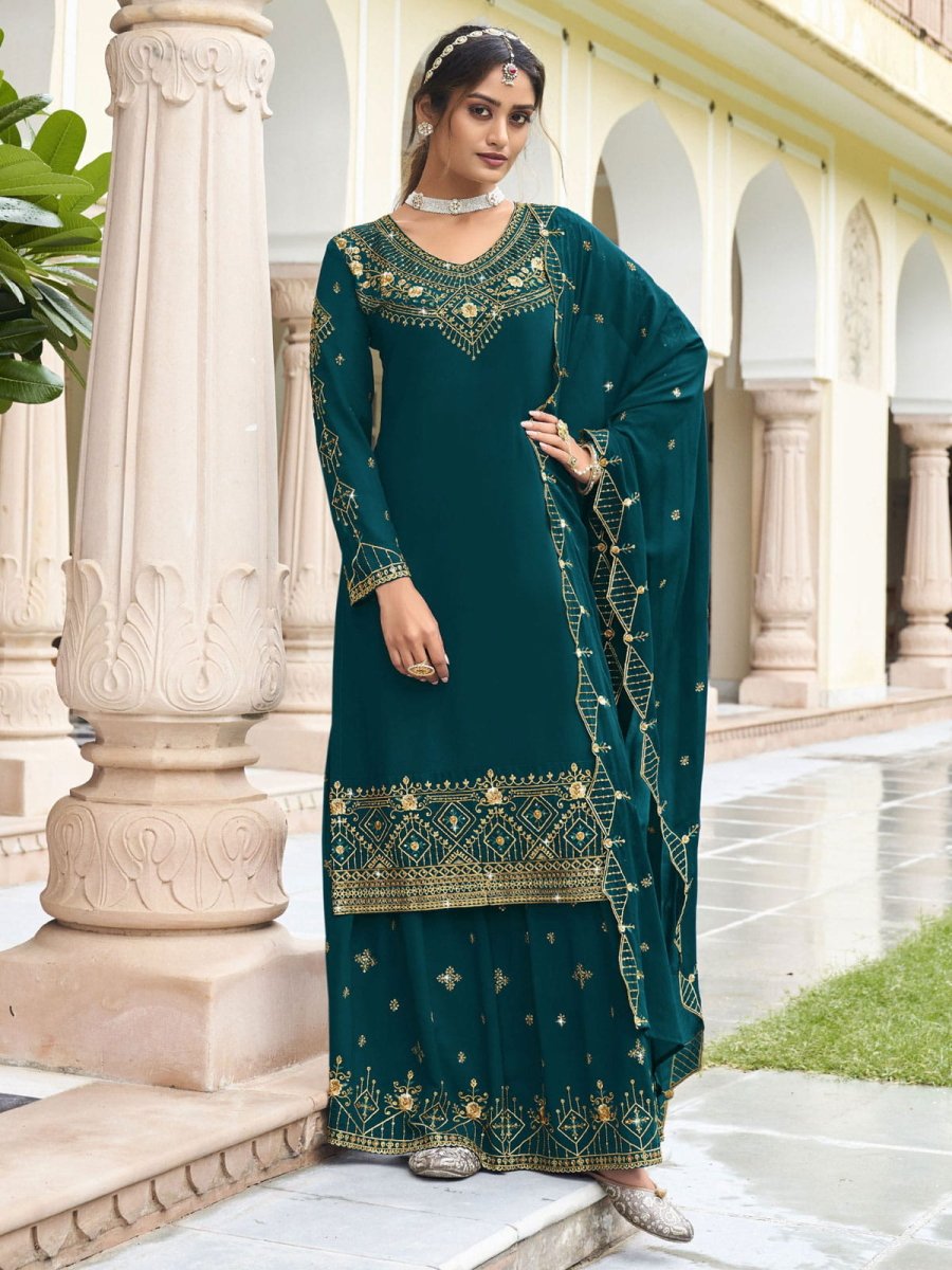 Teal Embroidered Partywear Sharara-Suit - Inddus.com