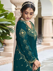Teal Embroidered Partywear Sharara-Suit - Inddus.com