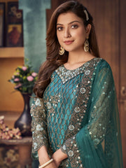 Teal Embroidered Partywear Straight Cut Suit - Inddus.com
