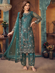 Teal Embroidered Partywear Straight Cut Suit - Inddus.com