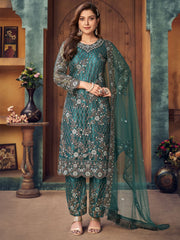 Teal Embroidered Partywear Straight Cut Suit - Inddus.com