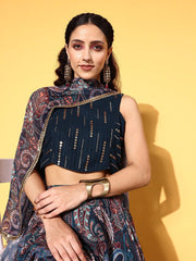 Teal Embroidered Sequinned Semi-Stitched Lehenga & Unstitched Blouse With Dupatta - Inddus.com