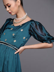 Teal Embroidered Teired Gown with Mirror Laced Belt - inddus-us