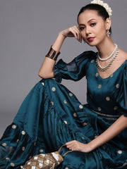 Teal Embroidered Teired Gown with Mirror Laced Belt - inddus-us