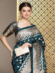 Teal Ethnic Motifs Woven Design Zari Pure Silk Saree - Inddus.com