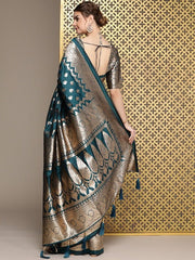 Teal Ethnic Motifs Woven Design Zari Pure Silk Saree - Inddus.com